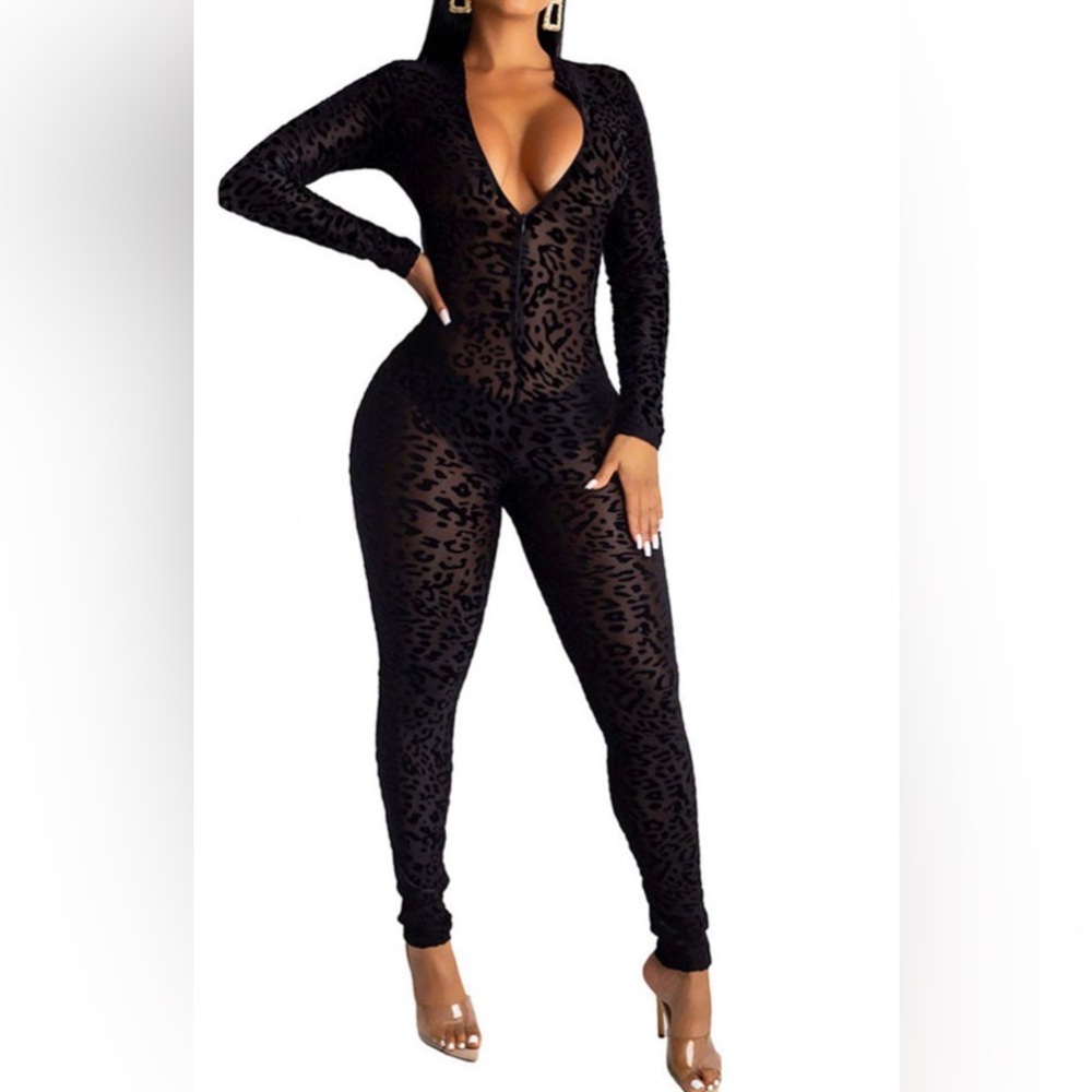 Sheer sexy Black Leopard Print Jumpsuit see through-Perfect For Halloween!